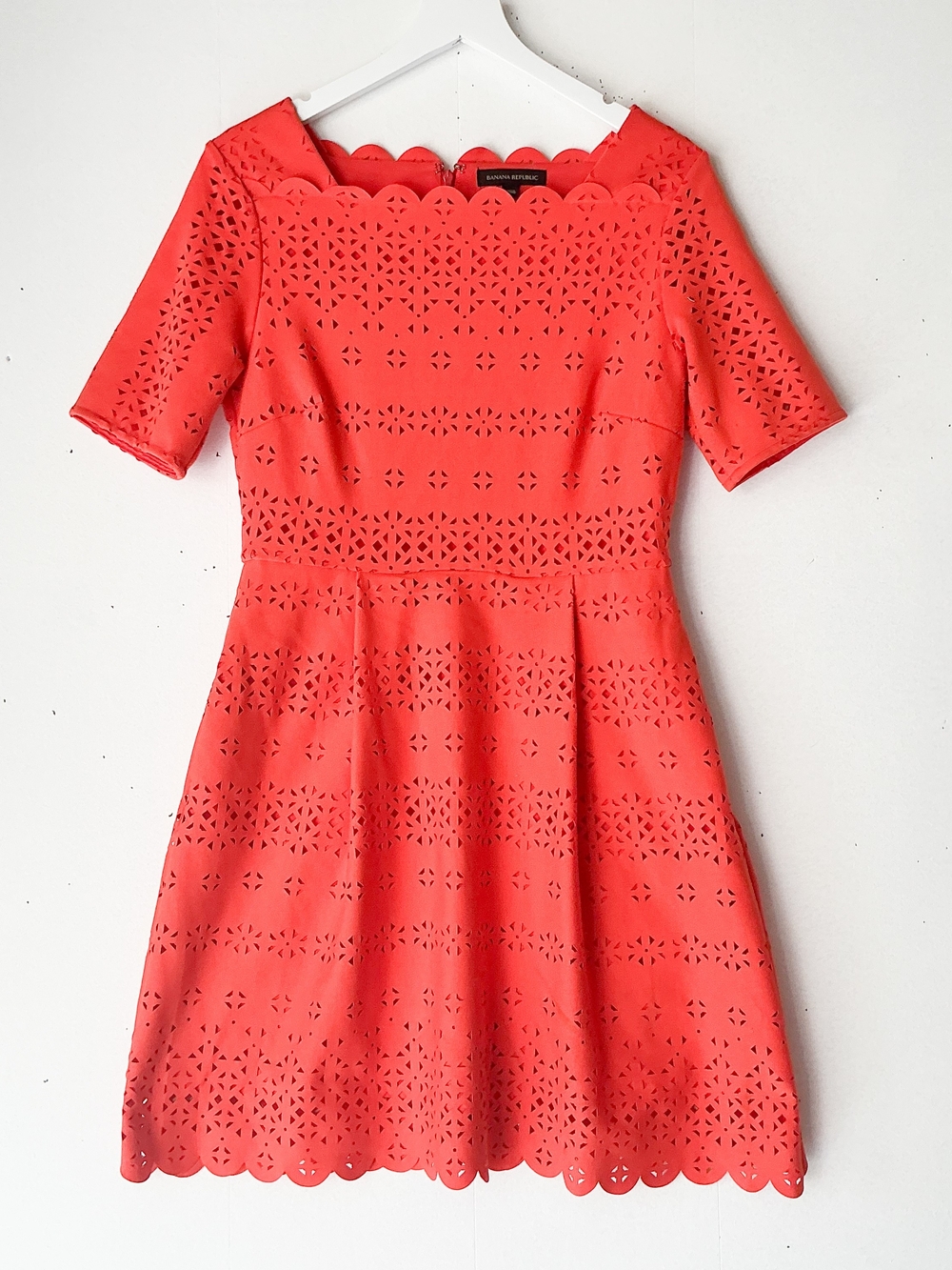 Banana Republic Laser Cut Eyelet Fit & Flare Coral Red Dress Petite Size 10P